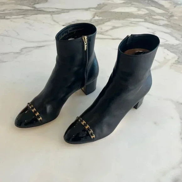 Salvatore Ferragamo | Atri Logo Gold Chain Leather Bootie - Black / Sz 9.5 - Picture 2 of 12
